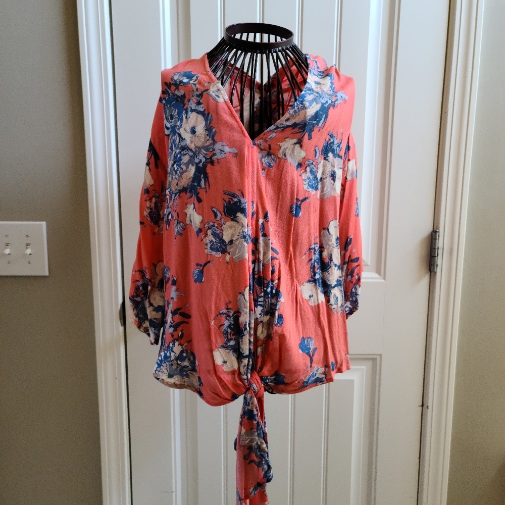 Lovestitch Coral Floral Tie Blouse